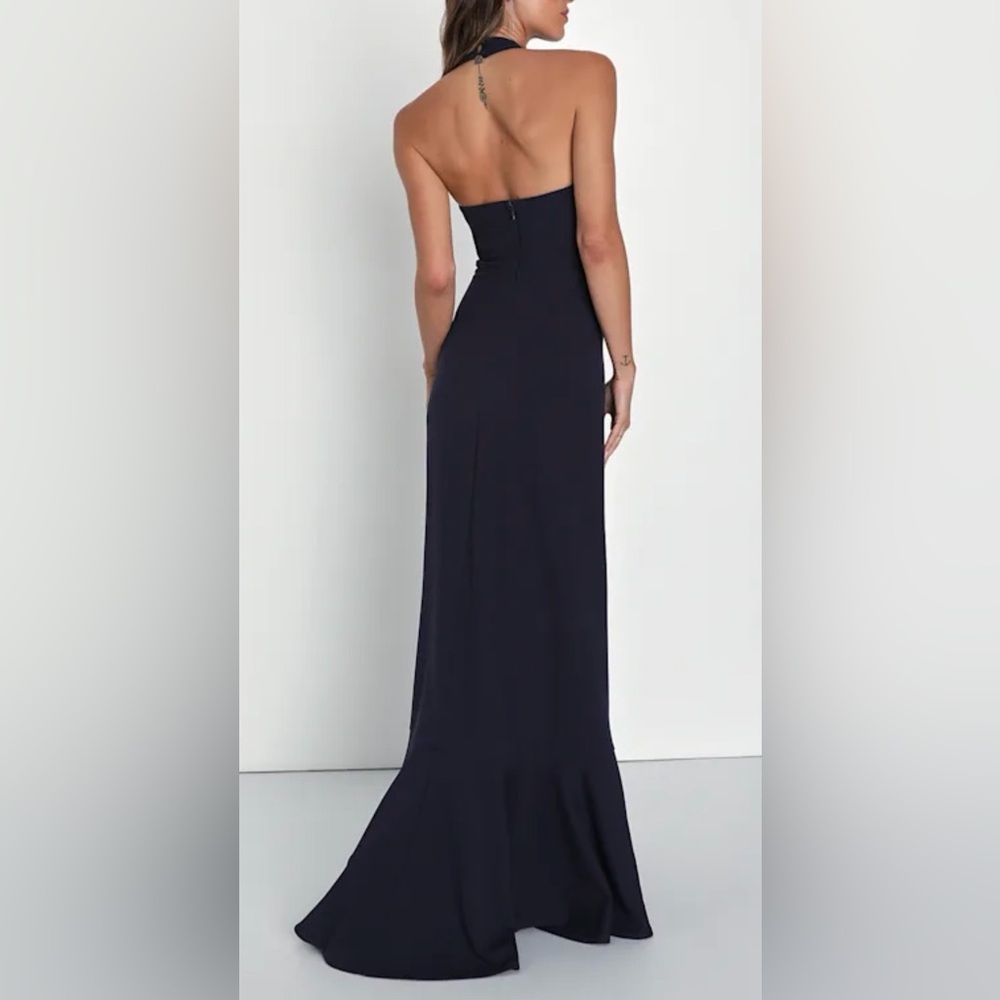 Lulus NWT “Majestic Perfection” Navy Blue Ruffled Halter Maxi Dress. Size Small. - Picture 3 of 16